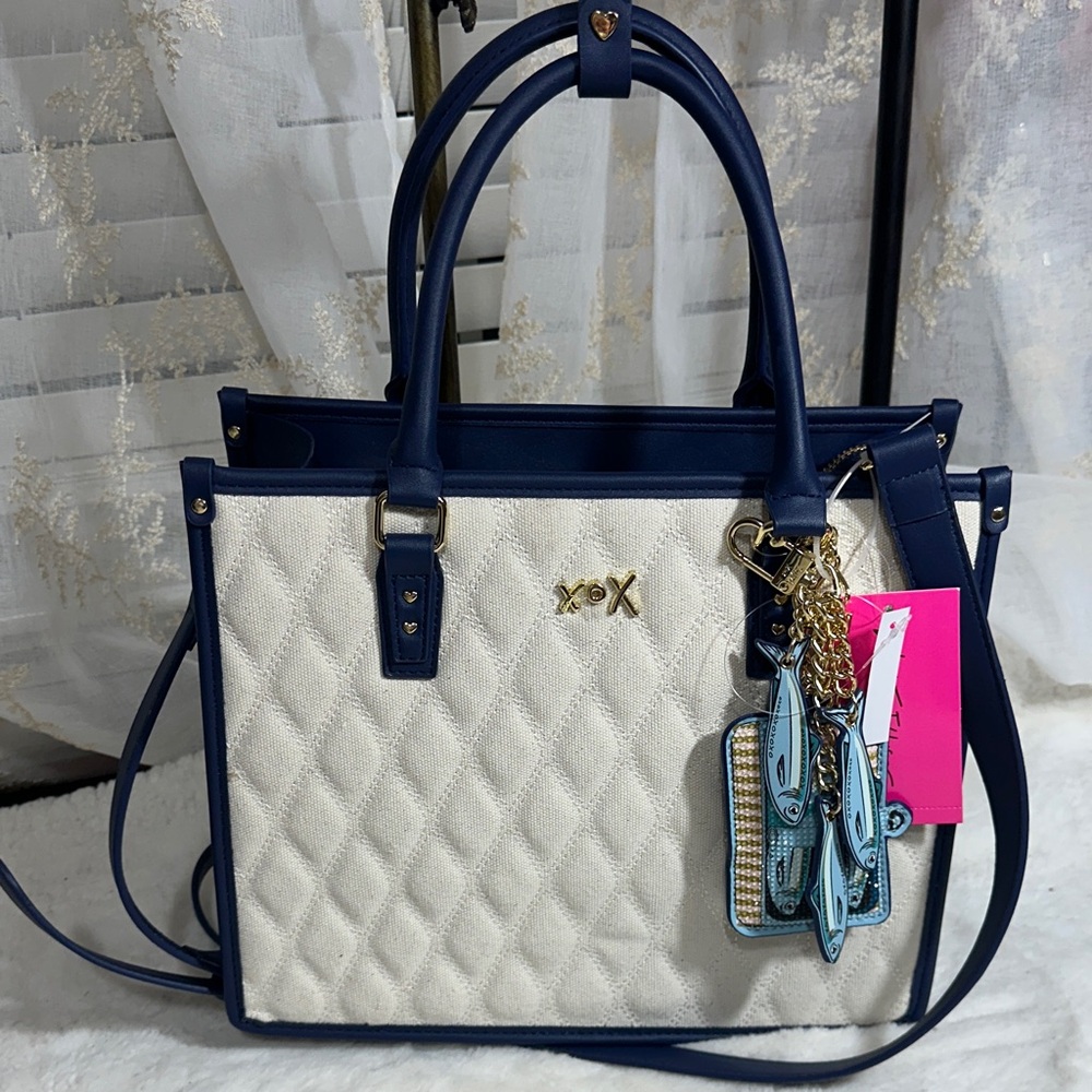 Betsey Johnson Navy and Cream Quilted Tote-EUC